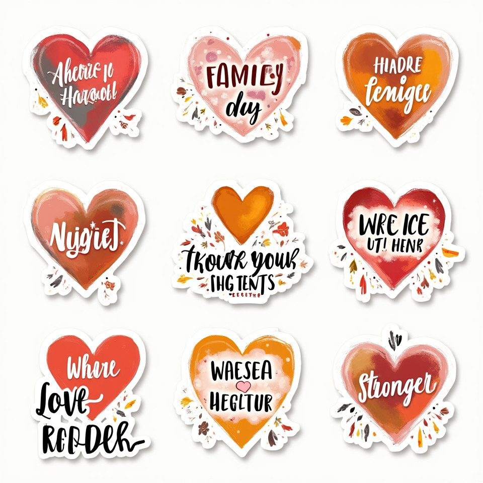 Geometric hearts and homes with bold colors and strong quotes like stronger together, pop art style celebrates family unity in fun and modern stickers