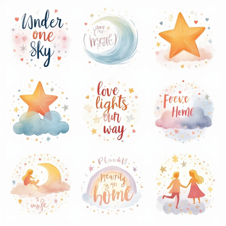 Stars, moons, clouds with glowing watercolor gradients and sweet phrases like under one sky, magical cosmic designs for loving family-themed sticker sets