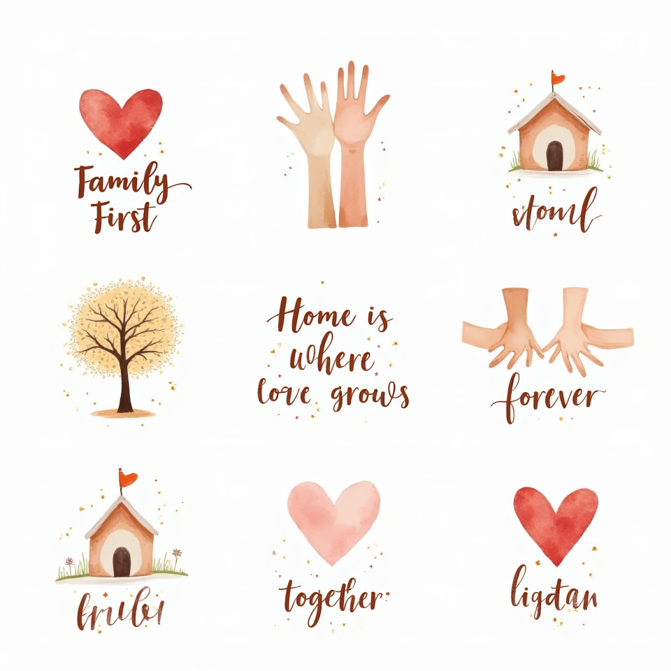 Watercolor homes, hearts, trees, and holding hands with loving quotes like family first, dreamy colors show warmth and unity for family-themed sticker sets