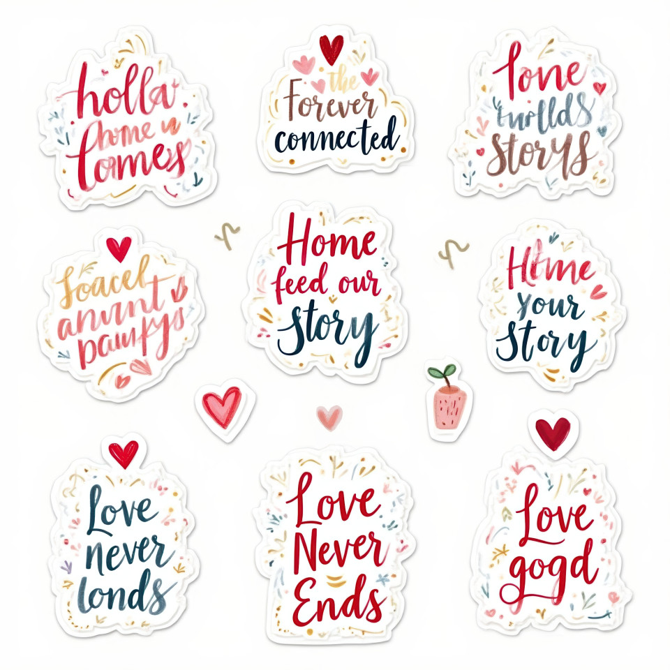 Doodled homes, hands, and hearts with playful patterns and cheerful quotes like forever connected, fun marker style for family bonding sticker designs