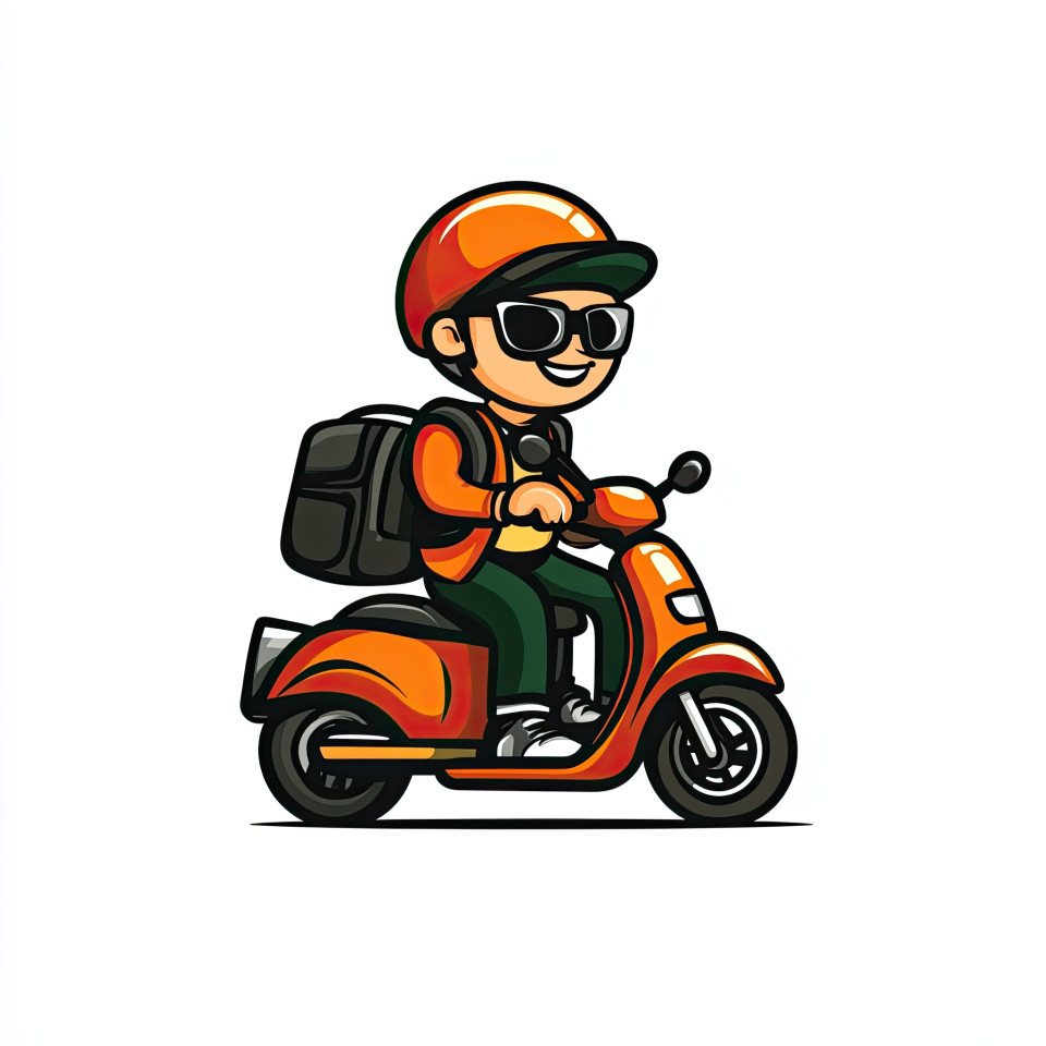 Delivery man riding scooter, bold cartoon icon in solid color, fast delivery and logistics concept great for food service or shipping brand visuals