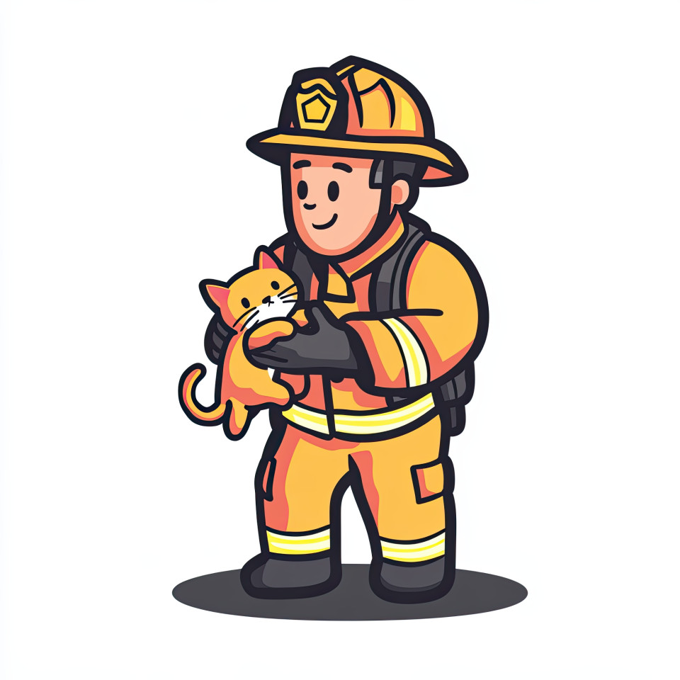 Firefighter saving kitten with caring gesture, bold cartoon icon in simple solid colors, rescue and safety theme for emergency or hero-based illustrations