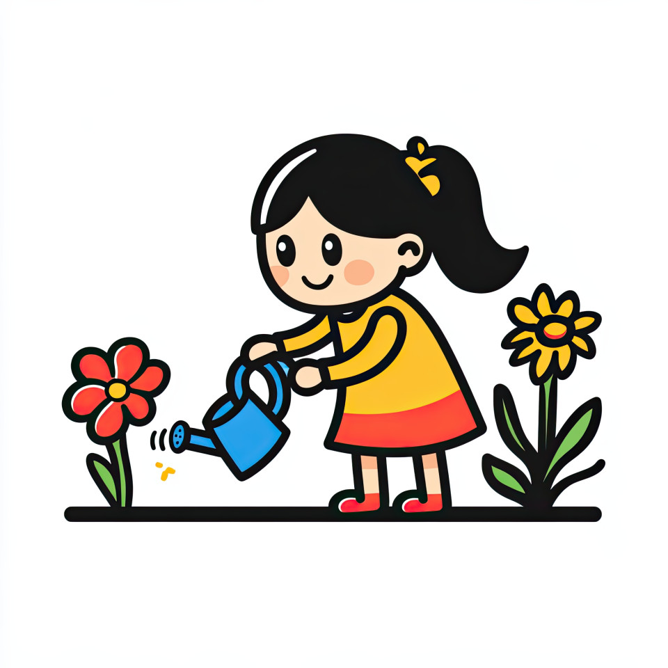 Smiling girl watering flowers in garden, simple cartoon icon in solid color with bold lines, joyful nature theme for education, eco, or spring designs