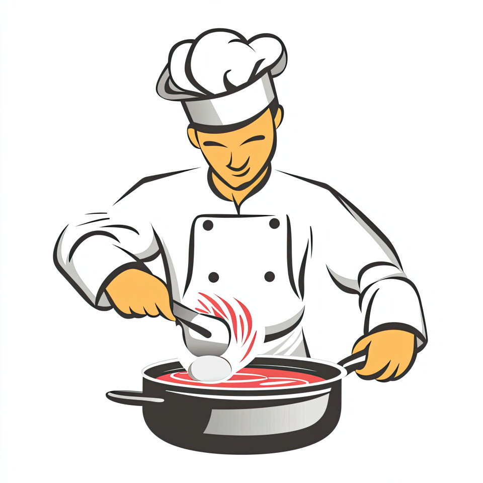 Chef in kitchen cooking with tools, simple cartoon icon in bold lines and solid color, fun food-themed graphic for culinary projects and branding design use