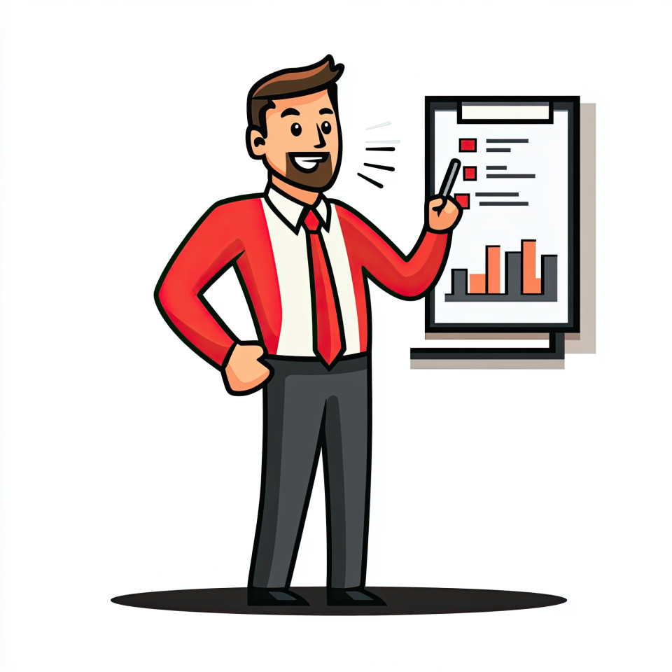 Businessman presenting chart with hand gesture, bold cartoon icon with solid colors, office, corporate, or strategy theme for branding and web design