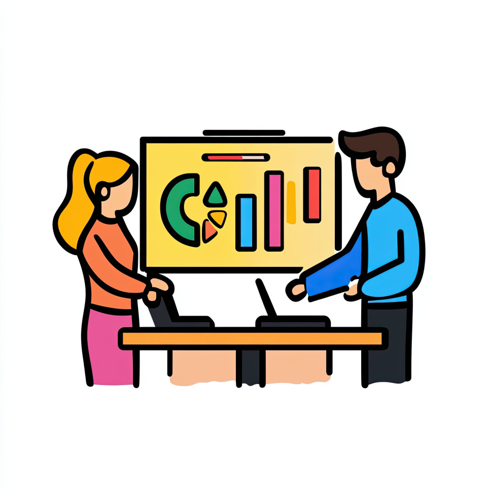 Marketing team giving client presentation, fun cartoon icon with bold outlines, modern office teamwork and business theme for branding and project use