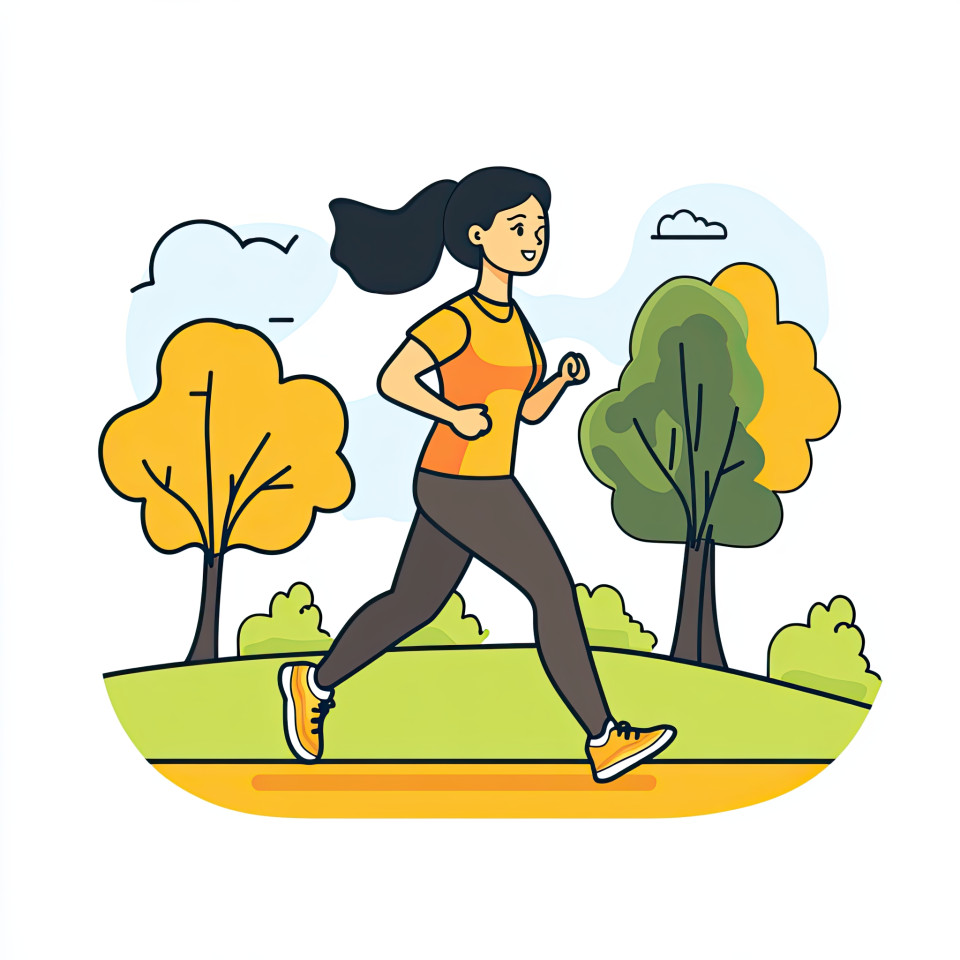 Young woman jogging in park with energetic pose, fun cartoon icon in bold outline style, fitness and lifestyle concept for wellness or health-related use