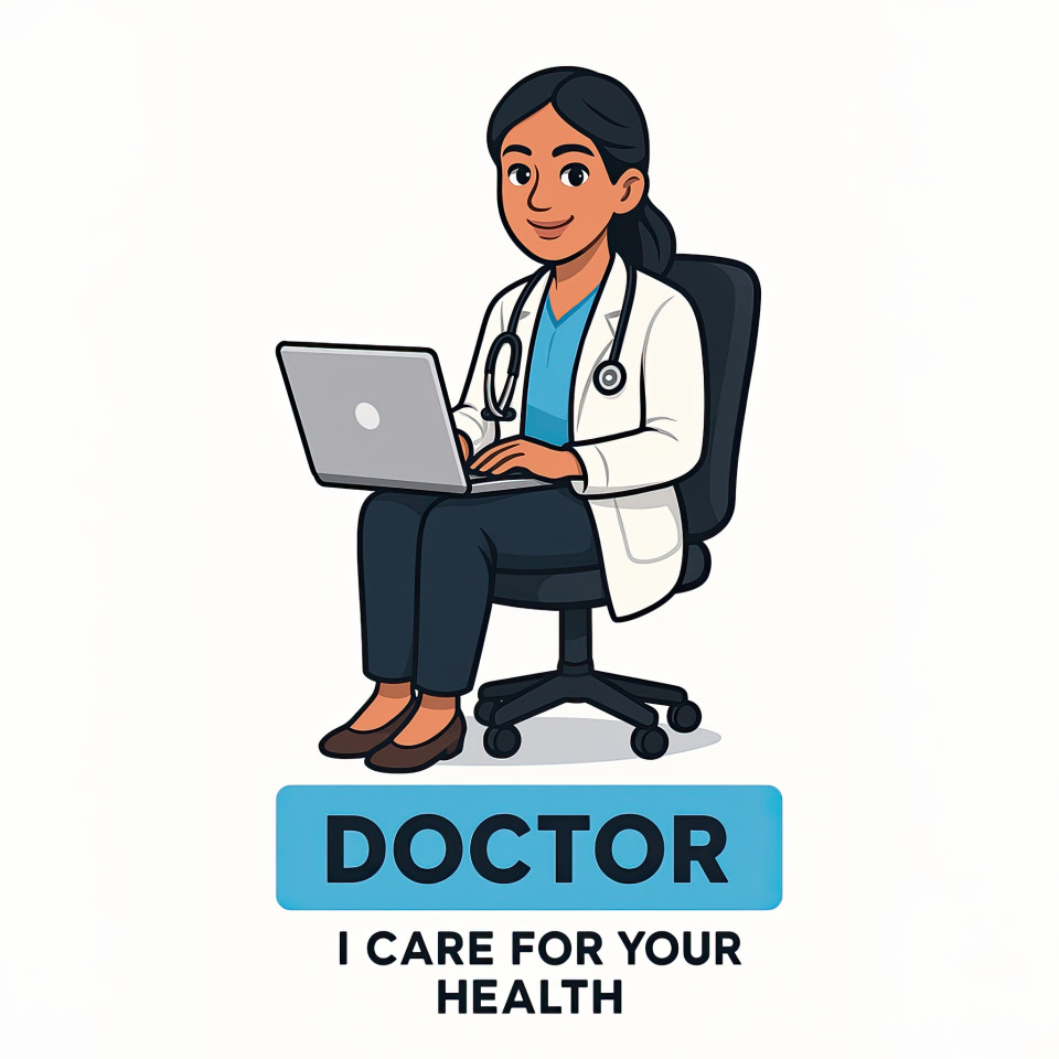 Indian woman doctor with stethoscope using a laptop on office chair, smiling and confident, dressed in white lab coat and blue blouse in modern cartoon style