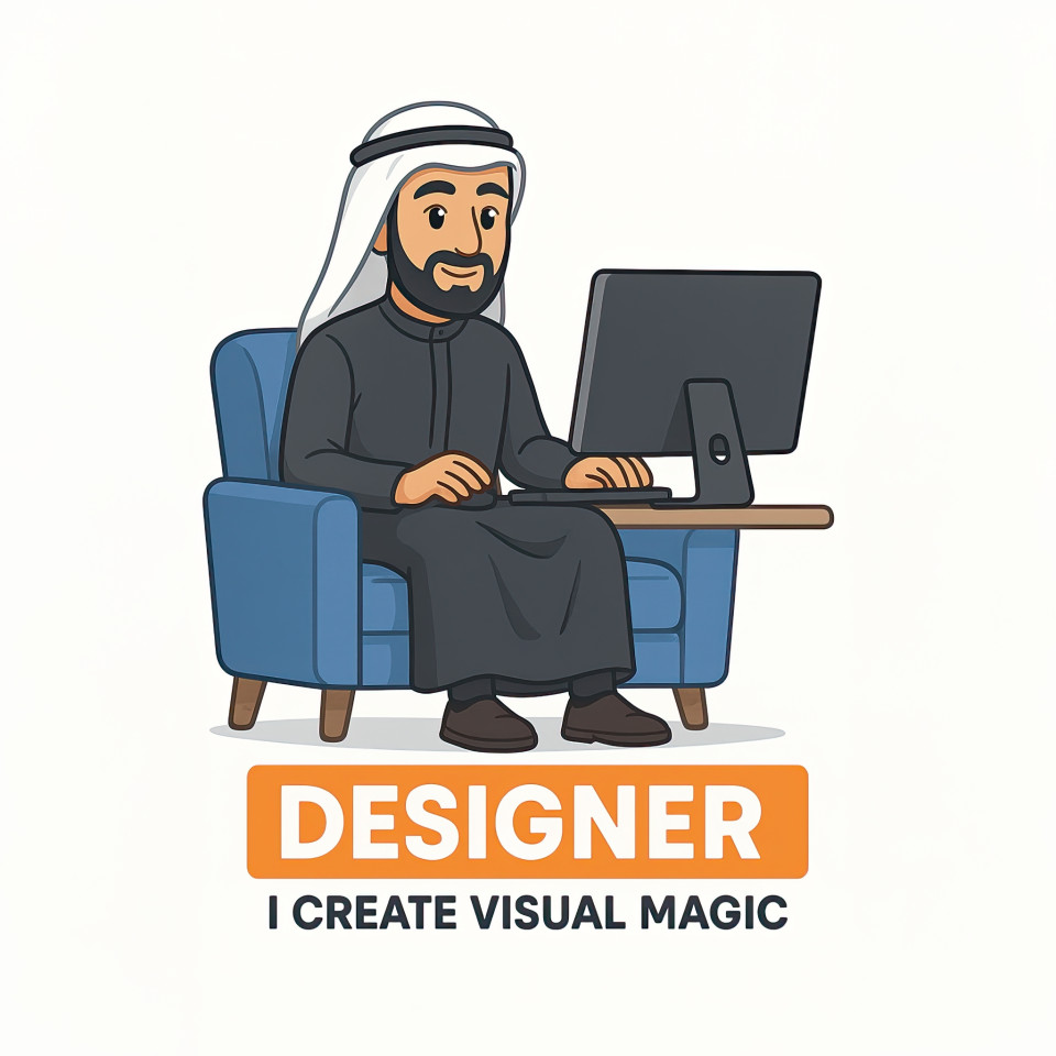 Arabic graphic designer man in traditional muslim attire sitting on a couch using a desktop, creating digital art with a calm and focused look