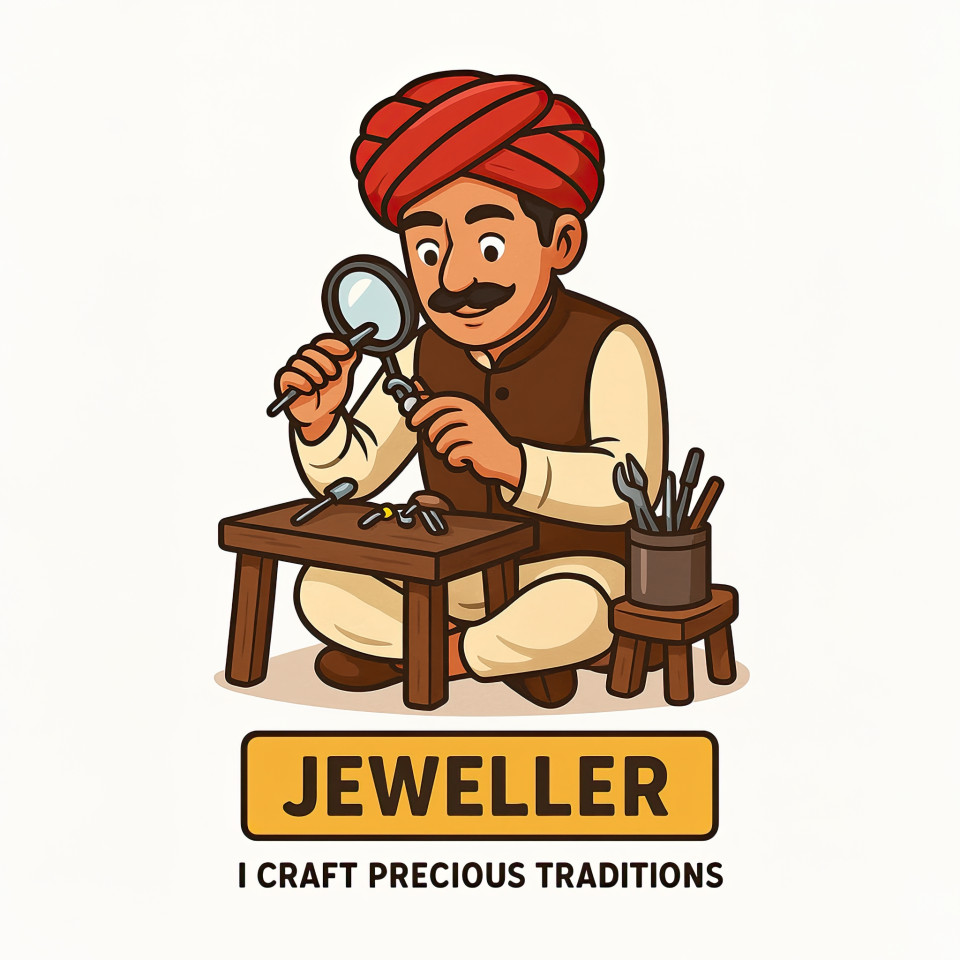 Indian marwari jeweller man in red turban and kurta using tools and magnifier at a wooden workbench, focused on crafting jewelry with traditional style