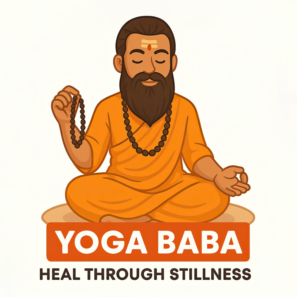 Indian yoga guru man in saffron robe with japa mala beads sitting cross-legged, calm and peaceful, with tilak and rudraksha, symbolizing spiritual energy