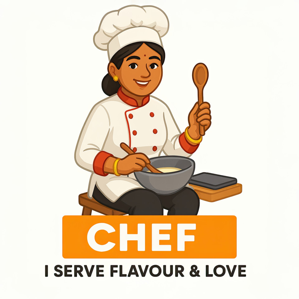 Indian woman chef wearing white coat and hat, holding spoon and mixing bowl with tablet nearby, cheerful and confident, cooking with love and tradition