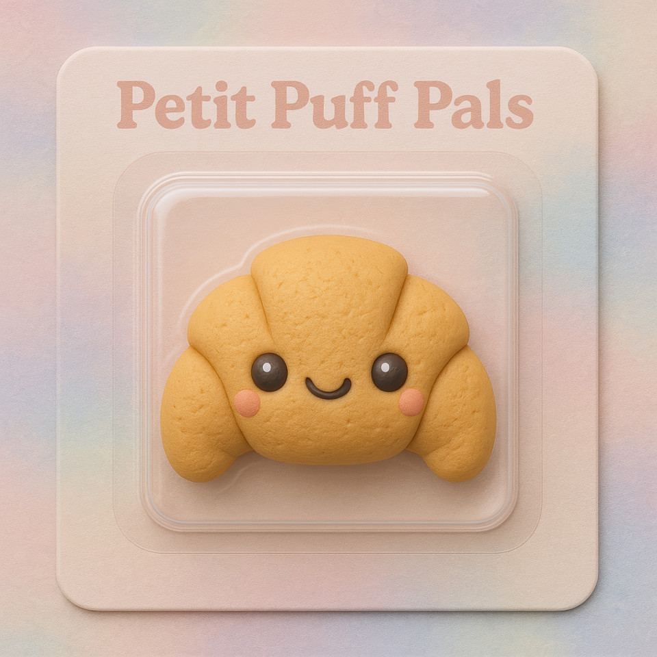 Tiny chibi croissant character in clay texture with pastel background, sweet face sealed in plastic on cute card, fun mini food charm for collection lovers