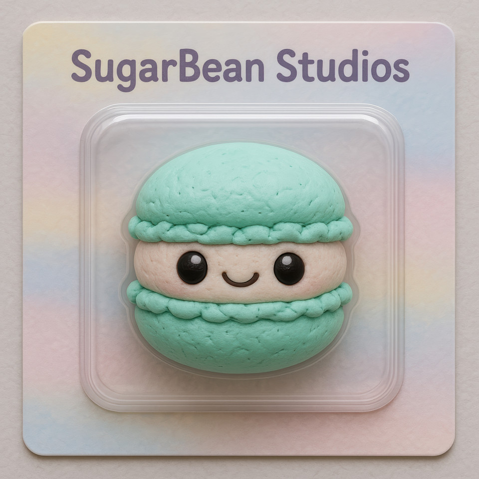 Chibi macaron toy with sweet face in soft pastel clay style, packed in plastic on square card, handmade mini collectible for dessert lovers and gift fans
