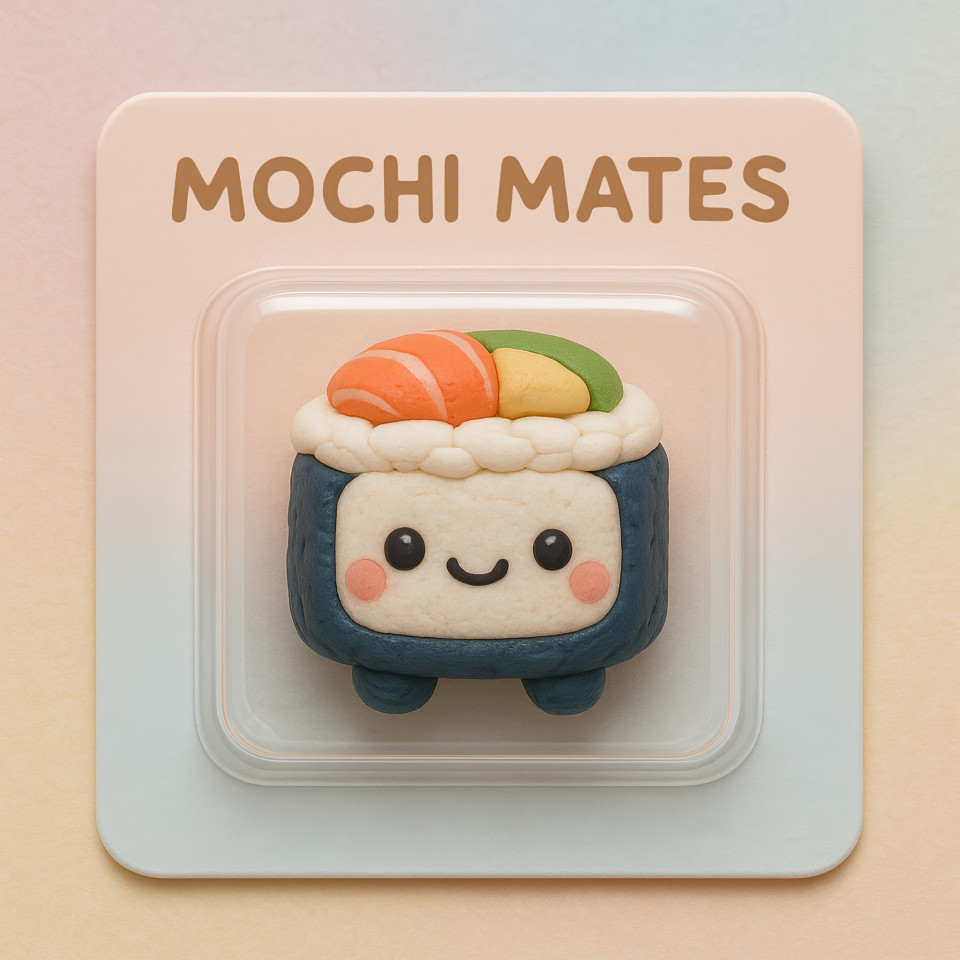 Cute chibi sushi roll figure with soft clay texture and pastel background, smiling face in blister pack on square card, perfect kawaii collectible decor