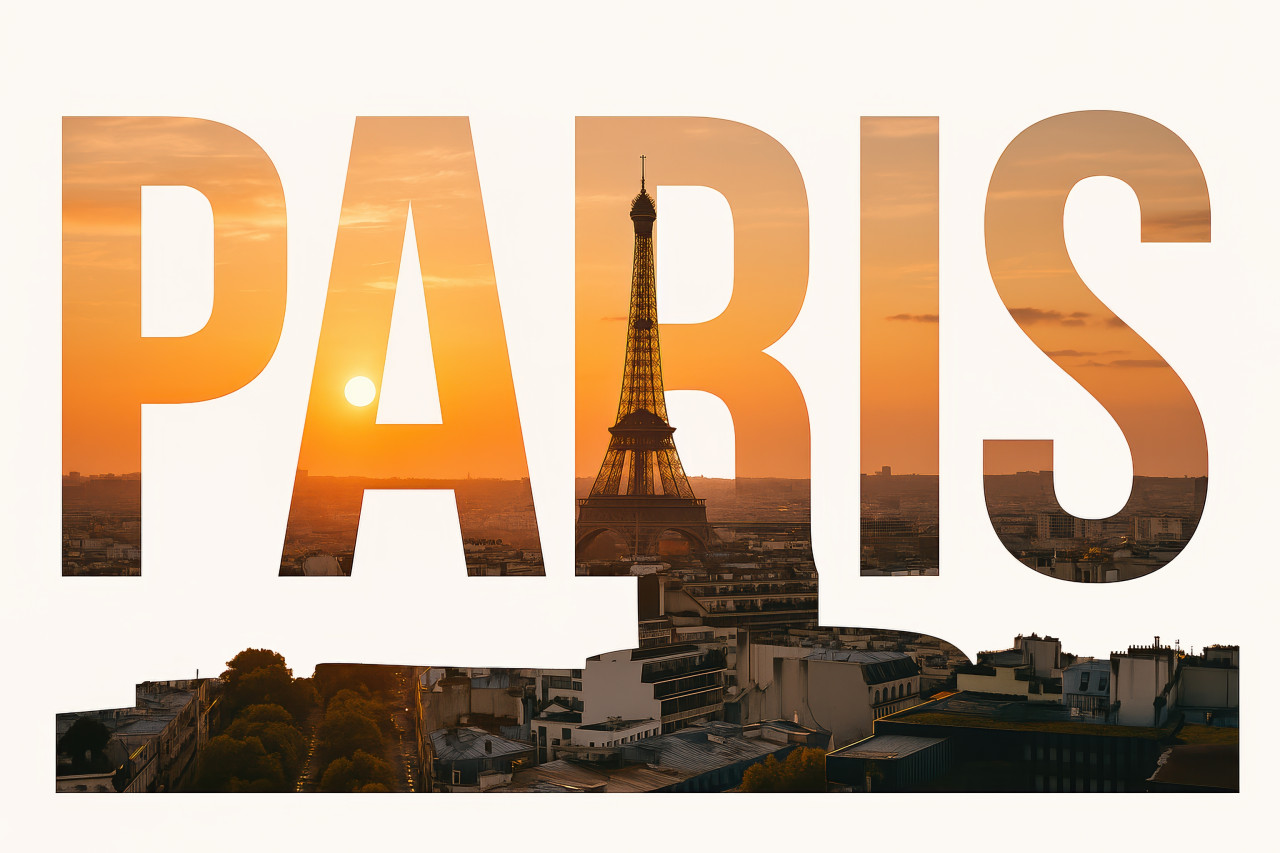 Eiffel tower at sunset in dreamy paris city double exposure inside bold paris text on white background, romantic evening vibe in landscape ratio