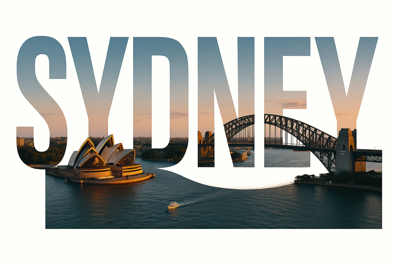 Sydney harbour with opera house and bridge in sunset tones inside bold sydney text on clean white background, coastal cityscape in layout