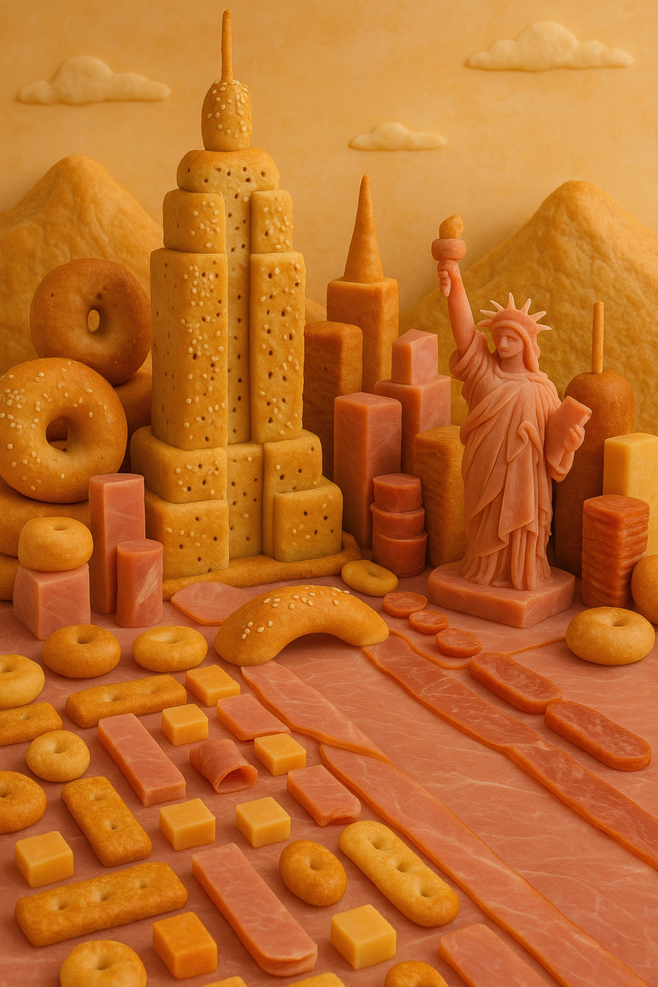 New york city made from bagels and deli meats shaped into skyscrapers, streets, and landmarks, fun food cityscape with famous architecture in miniature form