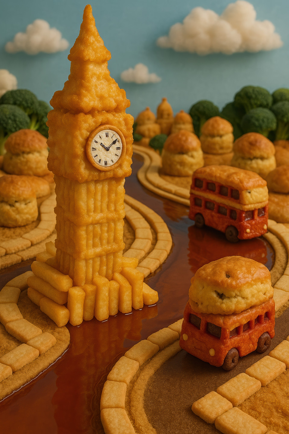 London city made of british food with big ben from fish and chips, red bus scones, tea rivers and biscuit roads in a fun and tasty food sculpture cityscape