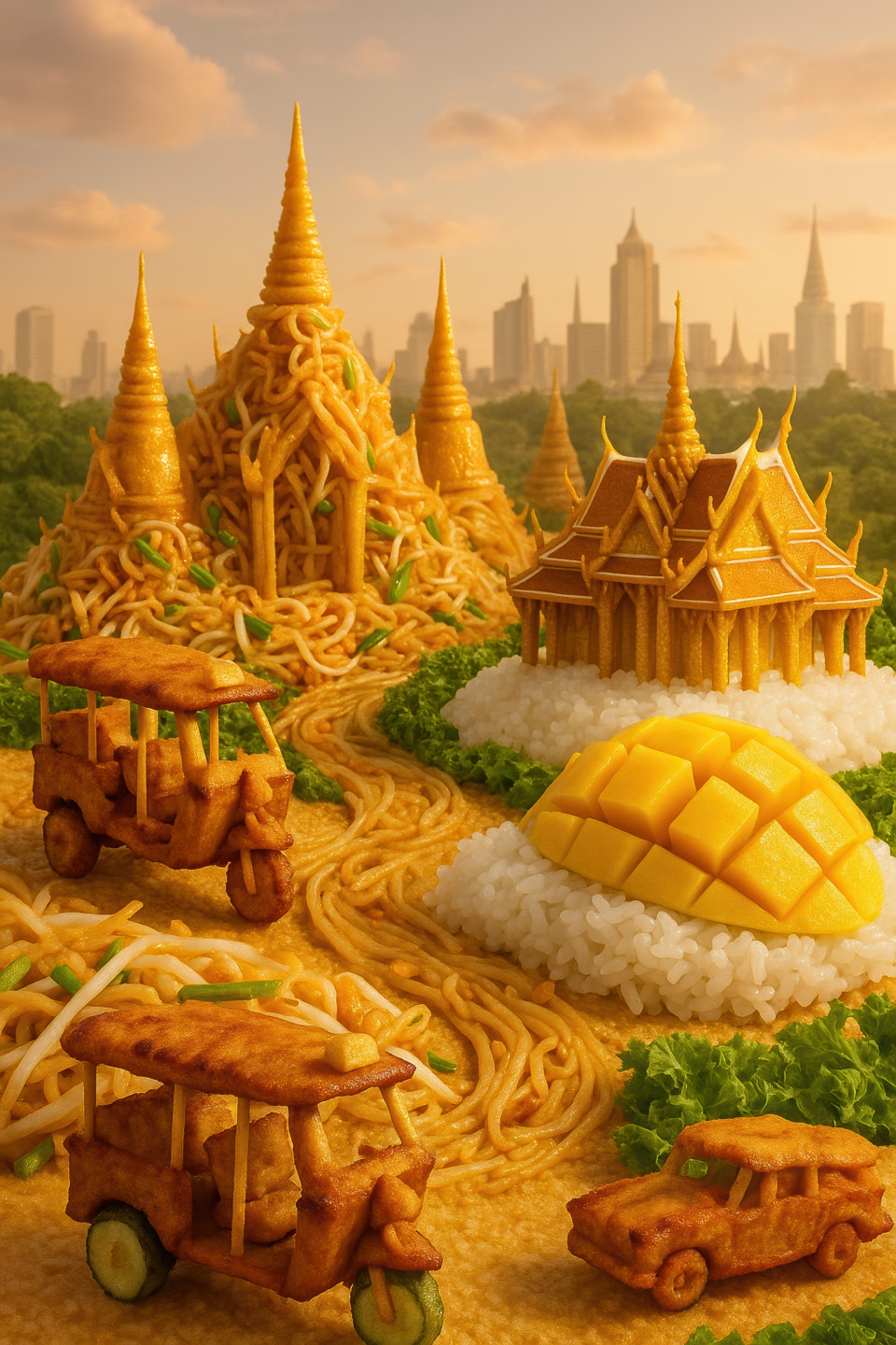 Bangkok mini city built from thai food with noodle temples, satay tuk-tuks, and sticky rice palace, playful edible scene showing thai culture and flavor