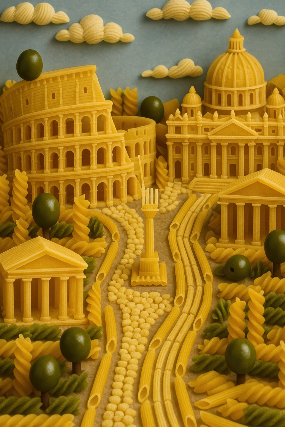 Rome cityscape crafted from pasta and olives with tiny monuments and roads, tasty mini city showing ancient charm through italian food art