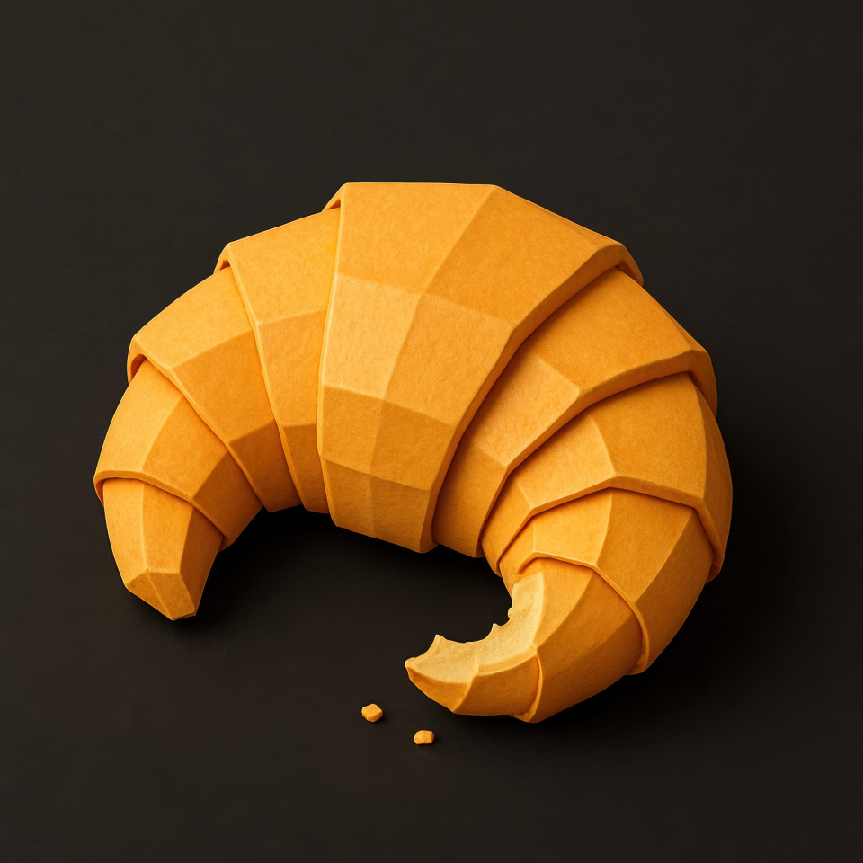 French croissant with bite detail in origami paper style, simple and cute 3d food icon with flaky fold look on a dark minimal background
