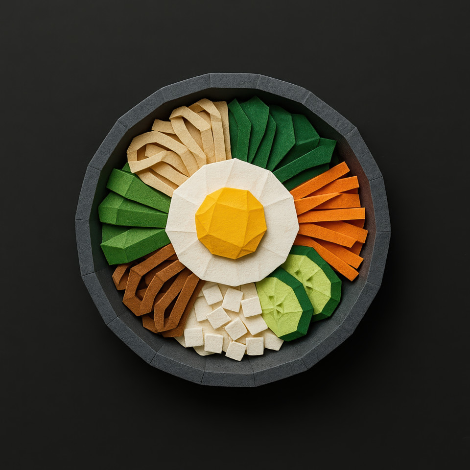 Korean bibimbap bowl with egg, rice, and veggies in folded paper look, bright and cute 3d food icon on dark background, full of culture and detail