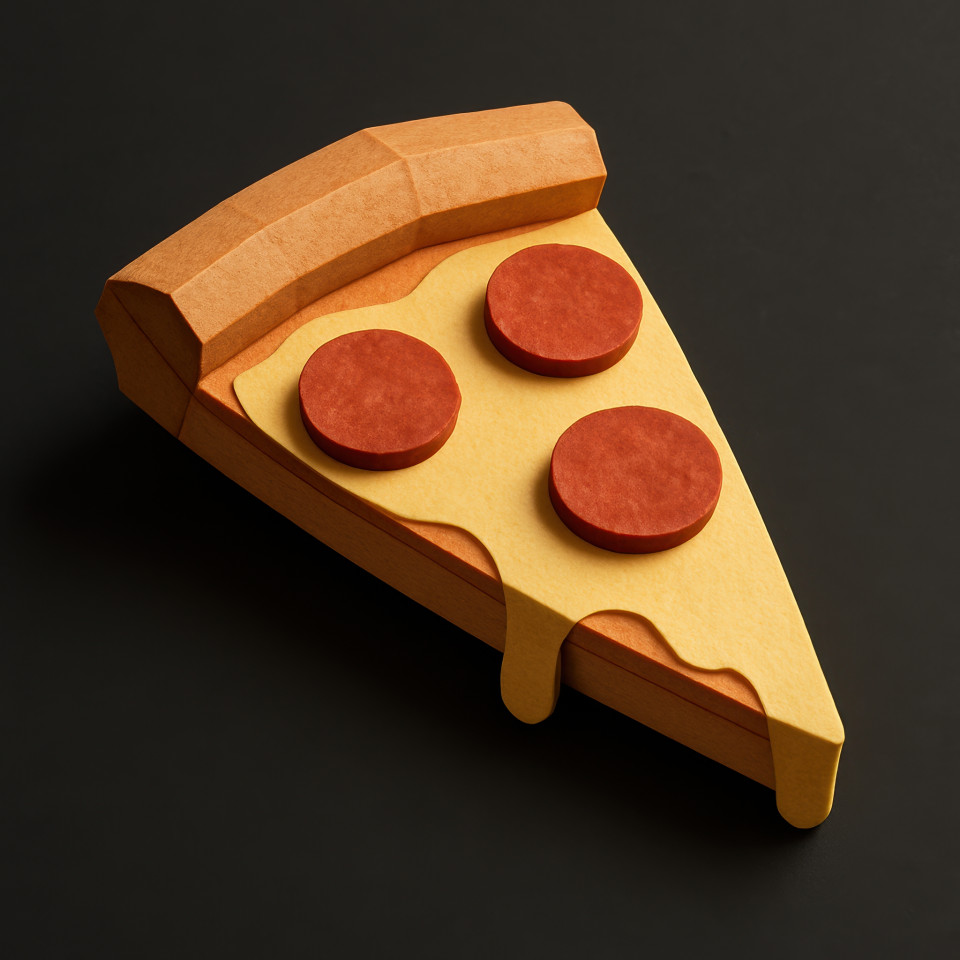 Melting pepperoni pizza slice in origami paper style with cheese folds, shown on dark background, cute minimal food icon with crisp new york flavor