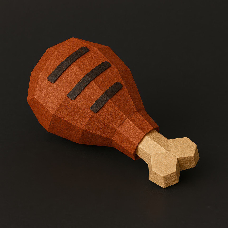 Grilled chicken drumstick in smoky glaze crafted in cute paper fold style, minimal 3d food icon with rich detail and warm color on dark background