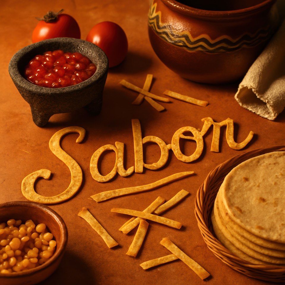 Word sabor made from tortilla strips on terracotta in warm mexican kitchen with golden light, cozy artisanal food scene full of flavor and texture