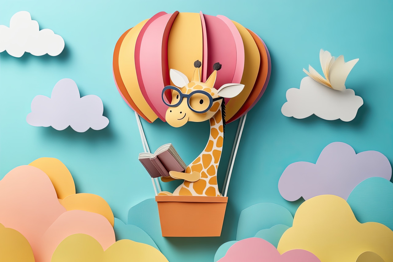 Giraffe with glasses reading in a hot air balloon floats in a paper world of color, soft light adds depth to this sweet storybook sky adventure