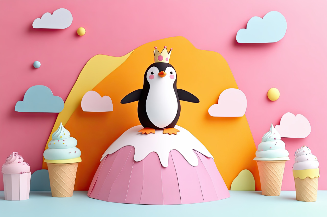 Dancing penguin with crown on ice cream glacier in colorful paper cutout scene, soft light and happy shapes bring playful storybook winter to life