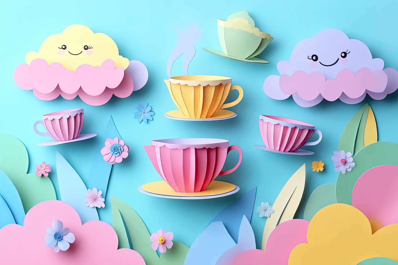 Flying teacups and smiling clouds float in paper cutout tea party scene, joyful rounded forms and dreamy layers show childlike magic in the sky