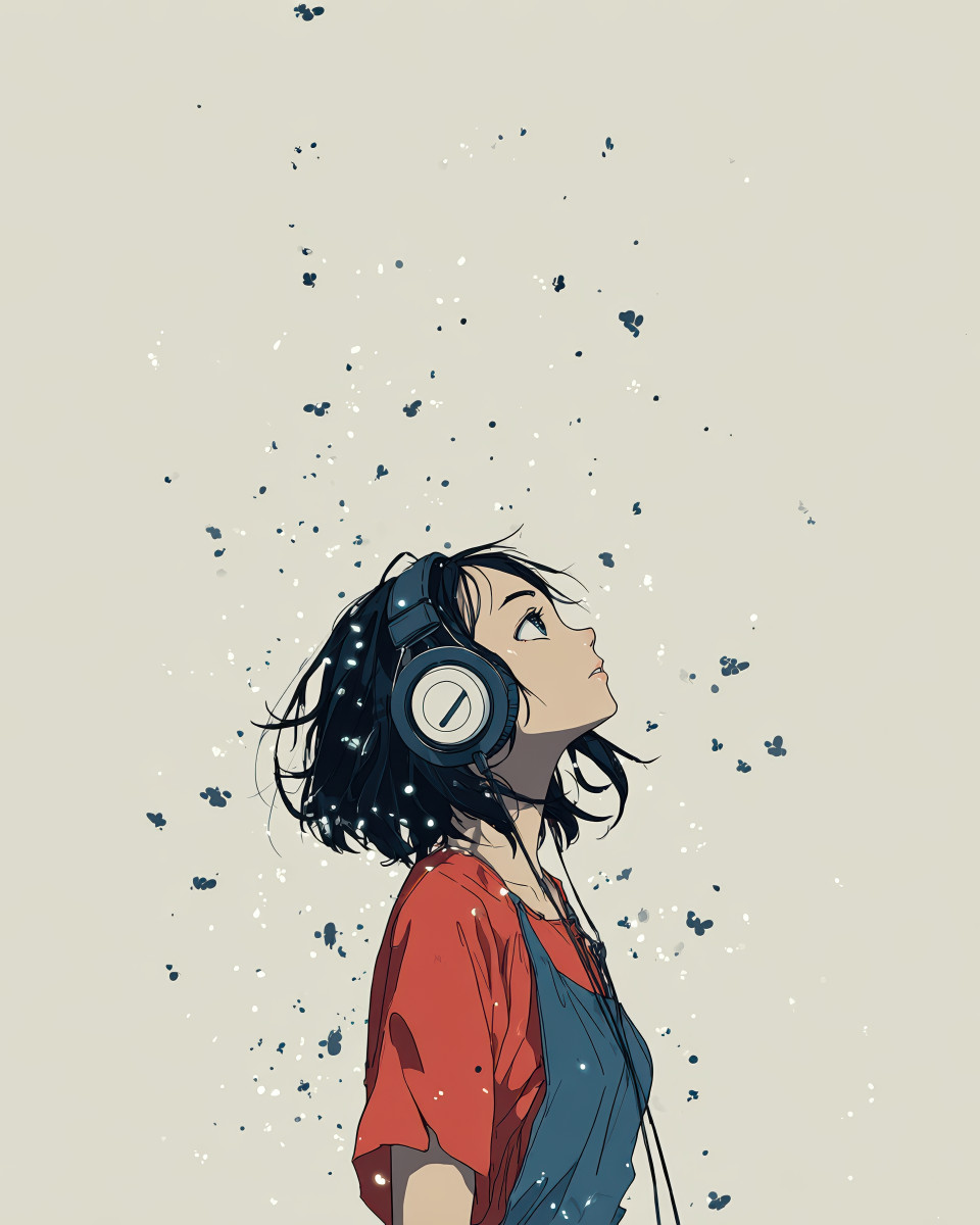 Character wearing headphones watching the starry sky surrounded by fireflies, peaceful anime-style scene with soft light and dreamy mood