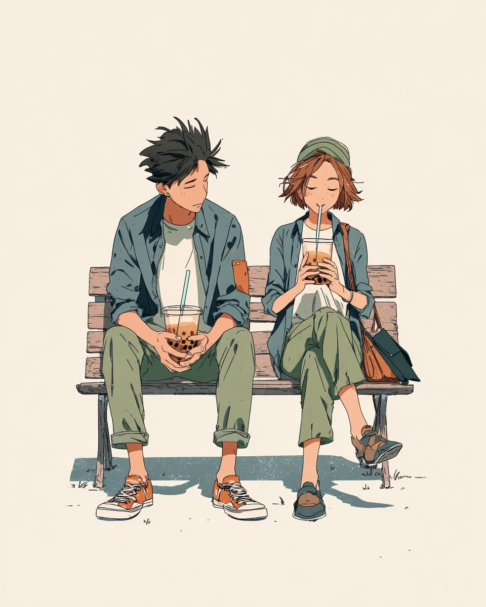 Couple sharing one boba tea on a park bench at sunset, soft anime-style expressions show love and calm on clean white background with gentle light