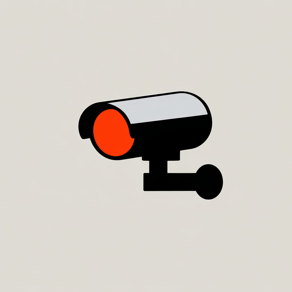 Flat two-tone security camera icon, sharp vector form with vivid color accent, ultra-clean and scalable design, neutral modern backdrop