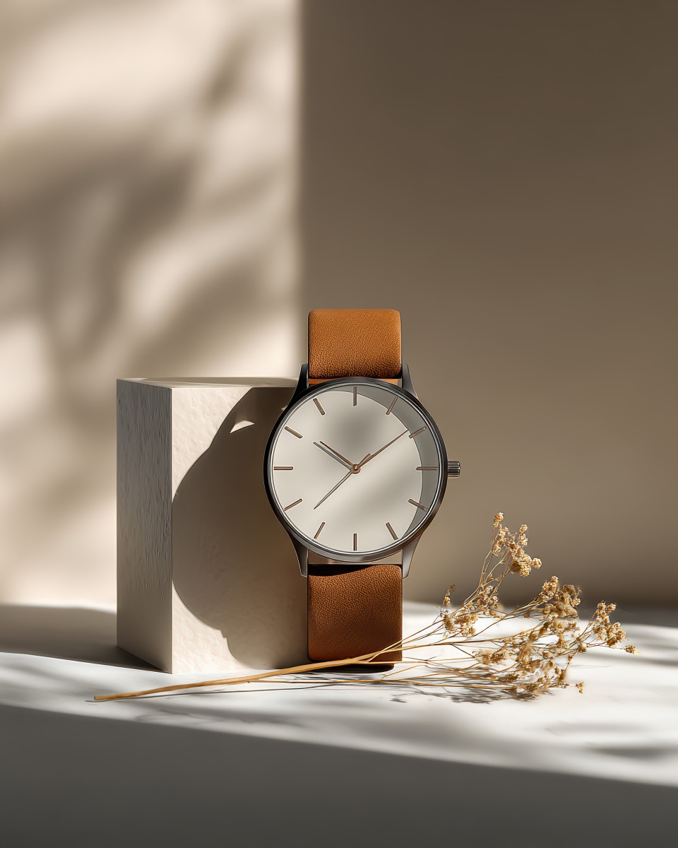 Wristwatch mockup on minimalist background, soft ambient lighting, gentle shadows, clean white or neutral studio look, high-end photorealistic finish