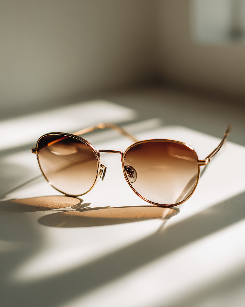 Sunglasses mockup on minimalist background, natural soft light and shadows, clean studio layout in white or neutral tones, crisp and photorealistic detail