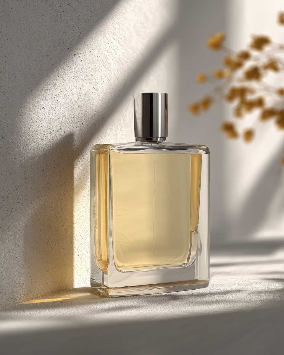 Perfume bottle mockup on minimalist background, soft natural light with gentle shadows, clean studio presentation in white or neutral tones, photorealistic quality