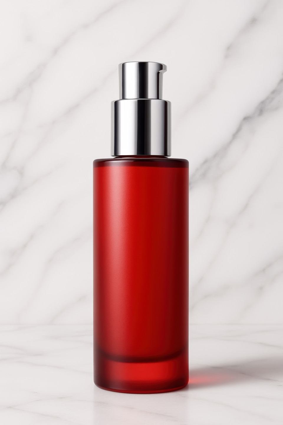 High-end skincare bottle on white marble with soft shadows, vibrant tones, and smooth design showing luxury beauty and clean wellness packaging