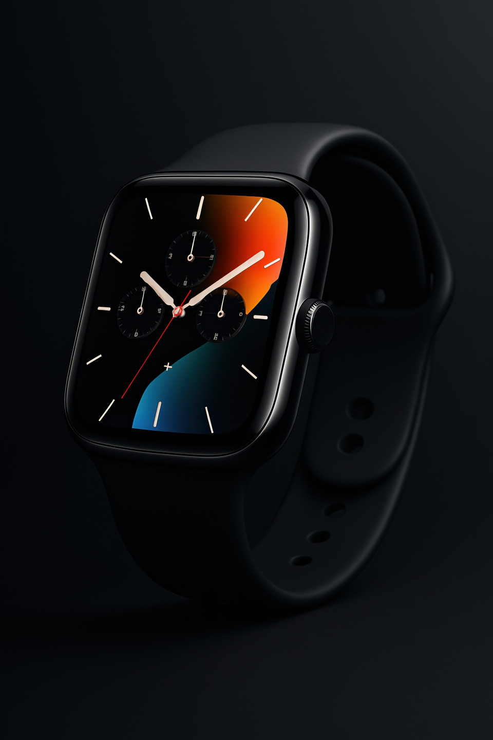 Modern smartwatch on matte black background with soft lighting, clean lines, and vibrant colors showing premium tech design for wearable device concept