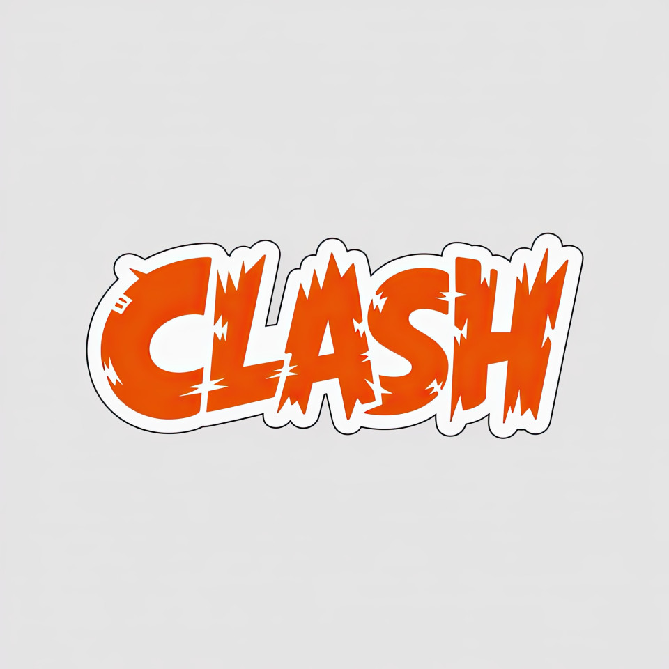 Bold word clash in sharp playful letters with jagged metal crash effect, sparks and dents on orange, clean design adds motion on light grey background