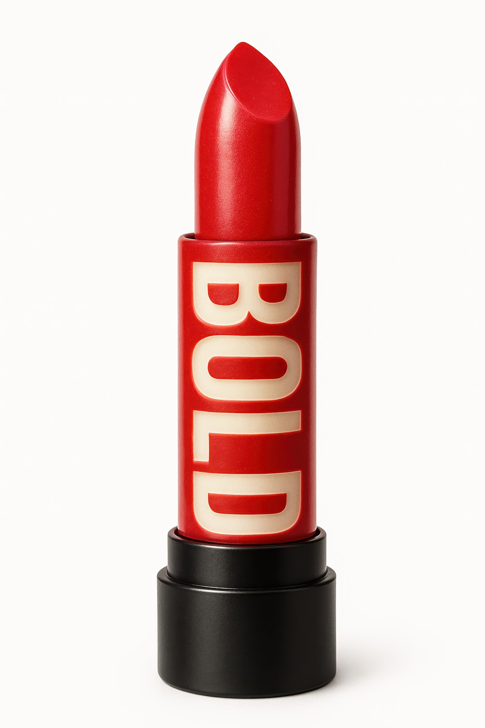 Red lipstick standing vertical with bold carved in, sharp gloss lighting on white, clean minimal design, beauty meets conceptual 3d text art fusion