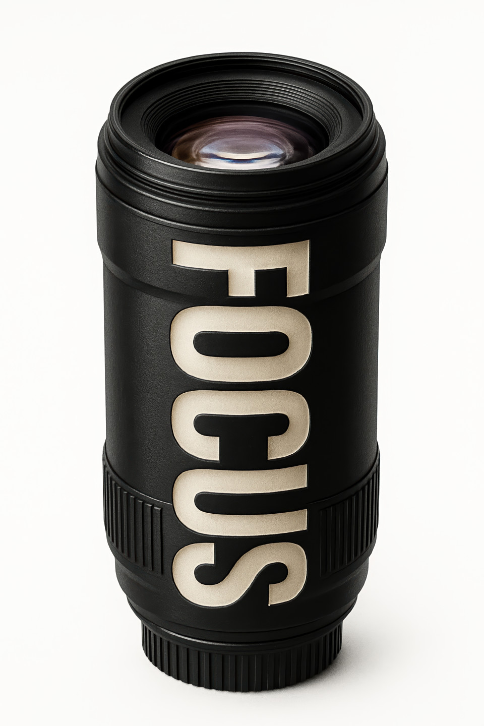 Black camera lens with focus carved through it, standing vertically on white, clean 3d concept blending photography gear with strong visual message
