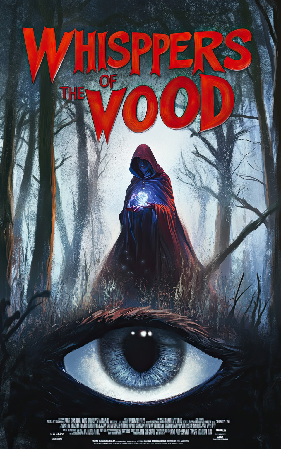 Fantasy movie poster of cloaked figure with glowing orb in moonlit forest, reflection shows dragon eye, concept of magic, mystery, and hidden power