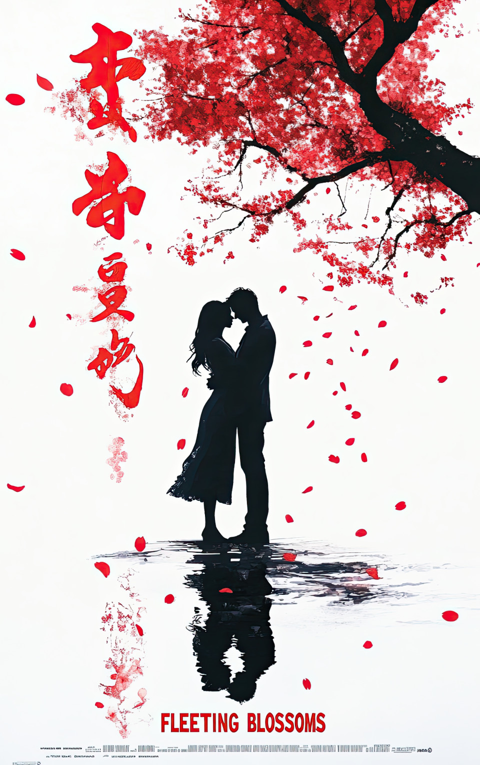 Romance movie poster of couple hugging under cherry tree at dusk with falling petals, reflection shows them apart, concept of fading love and time