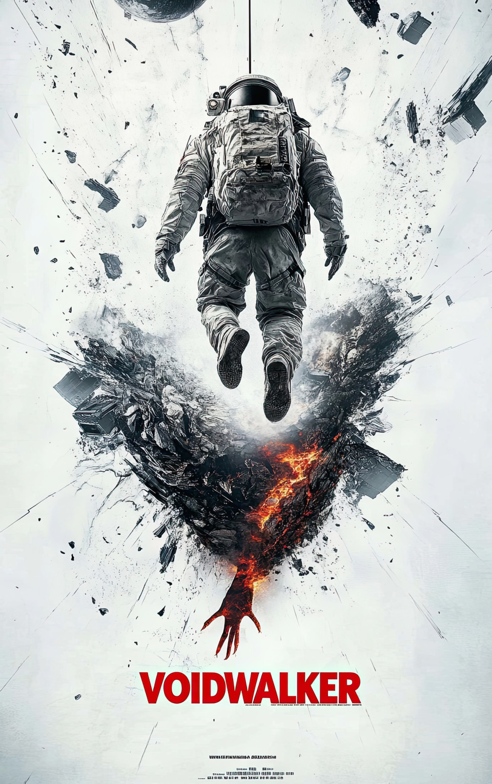 Sci-fi movie poster of astronaut floating over shattered planet, tied to broken station, reflection shows alien hand, deep space mystery and fear