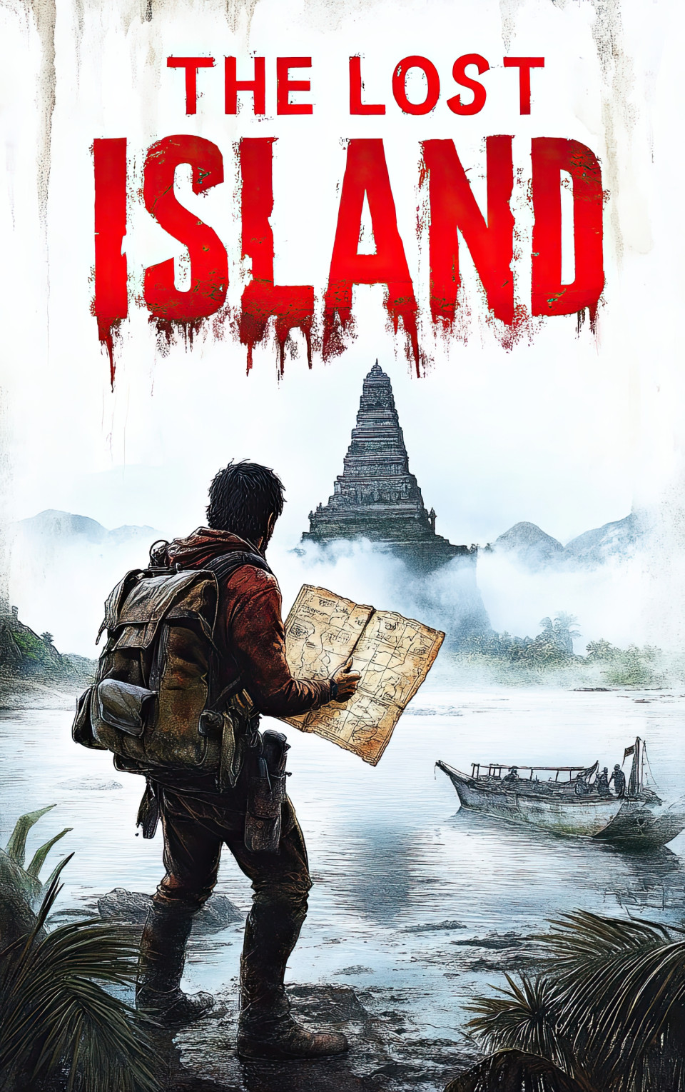 Adventure movie poster of explorer with torn map on broken boat, gazing at foggy island, reflection shows ancient temple, lost world and hidden quest