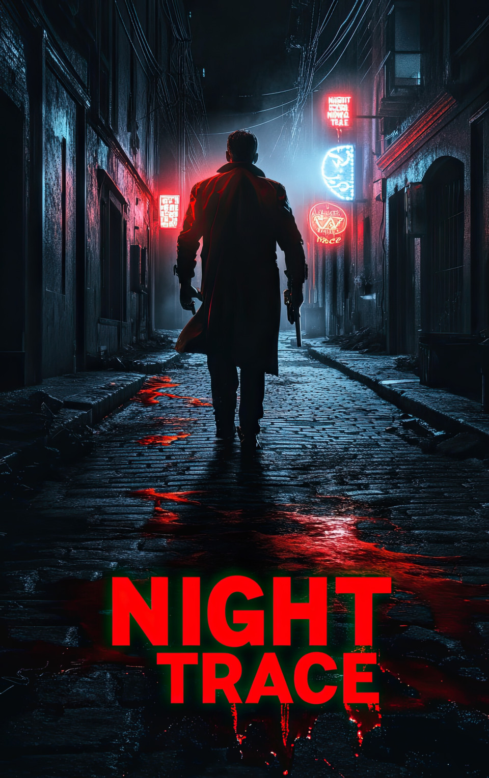 Thriller movie poster of detective in neon alley with gun, reflection shows spreading blood, concept of danger, crime, and urban mystery