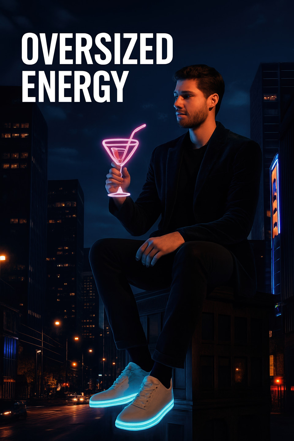 Stylish oversized man in velvet jacket sits on glowing city billboard at night, neon cocktail in hand, confident nightlife look with text oversized energy